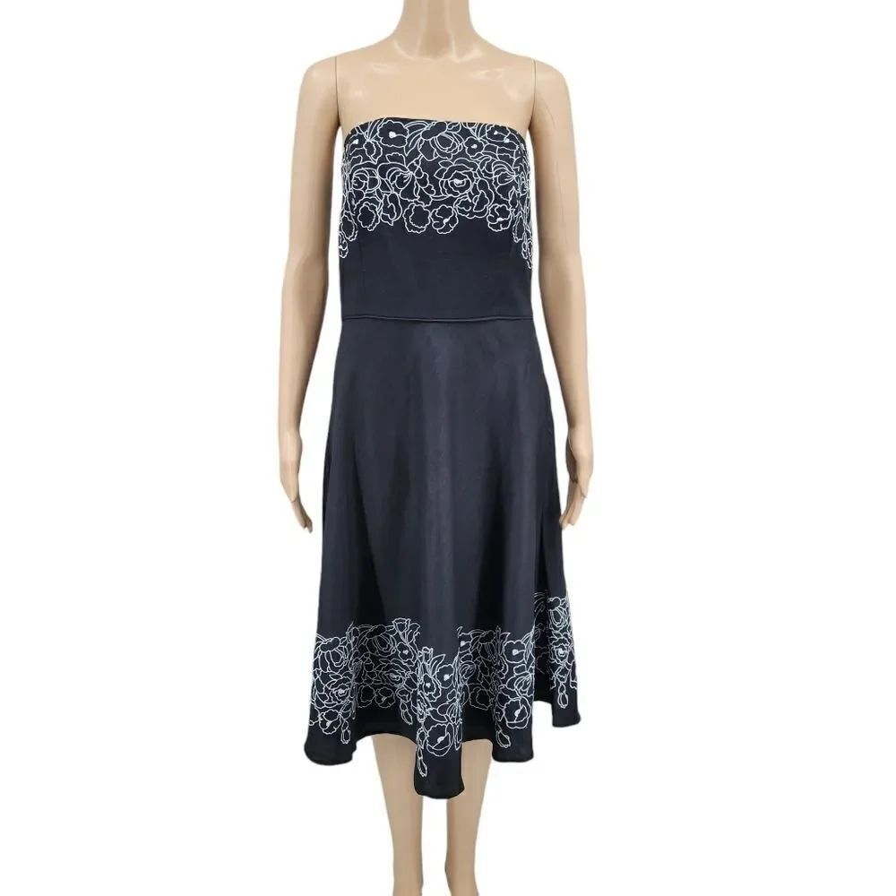 Linen Ann Taylor Loft Strapless A-line Dess Black with White Floral Embroidery
